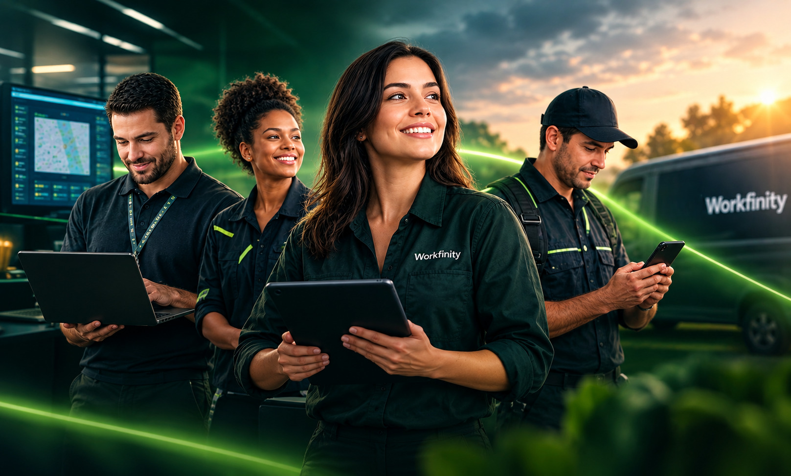 Equipe Workfinity em campo com tablet, laptop e smartphone conectados à operação